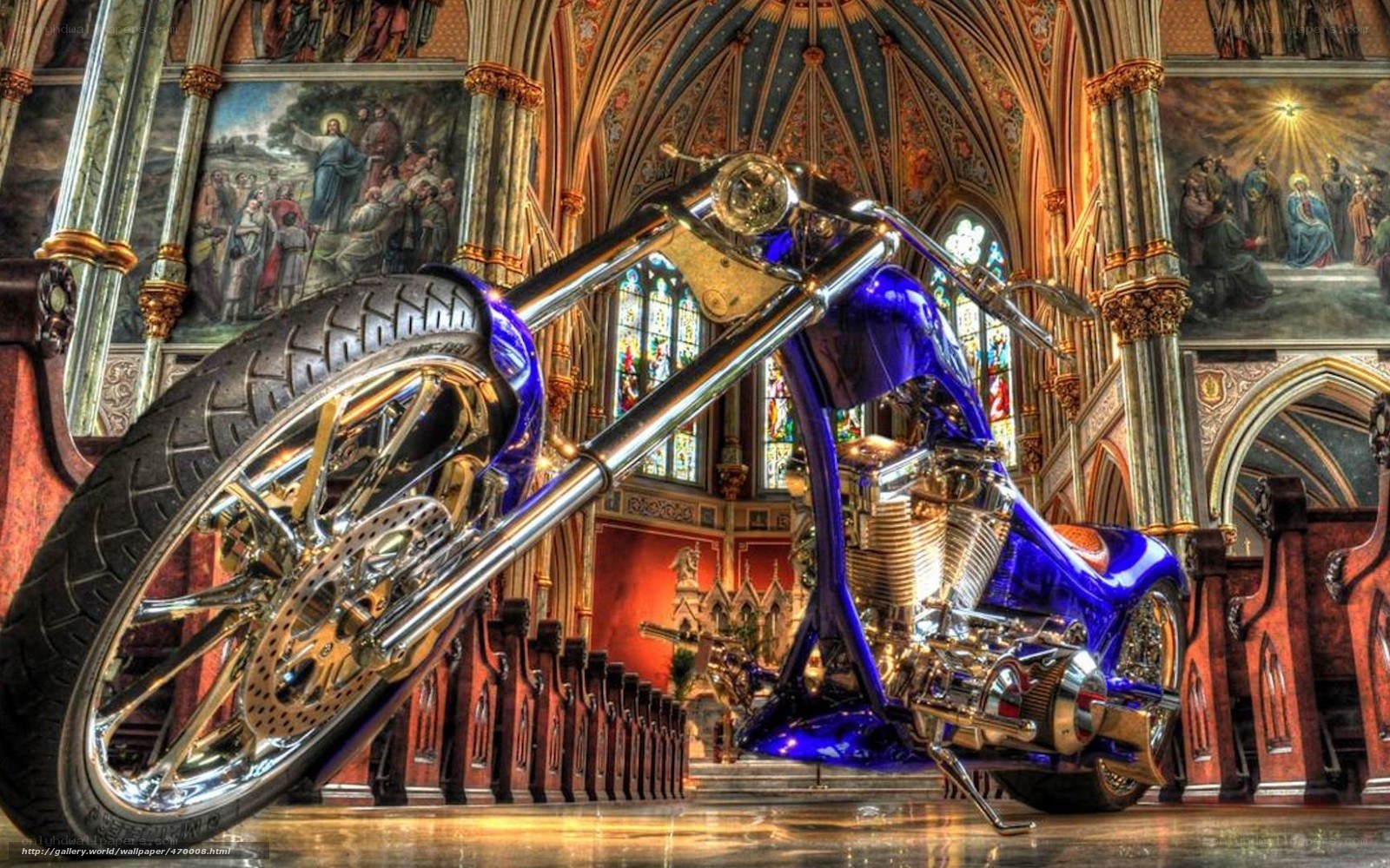 Blue chopper motorcycle in cathedral