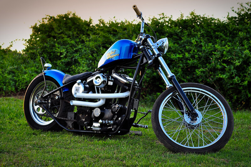 blue chopper motorcycle on grass