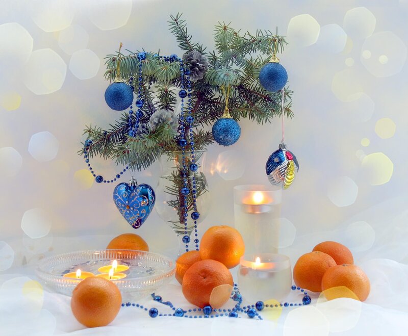 Blue Christmas ornaments and candles