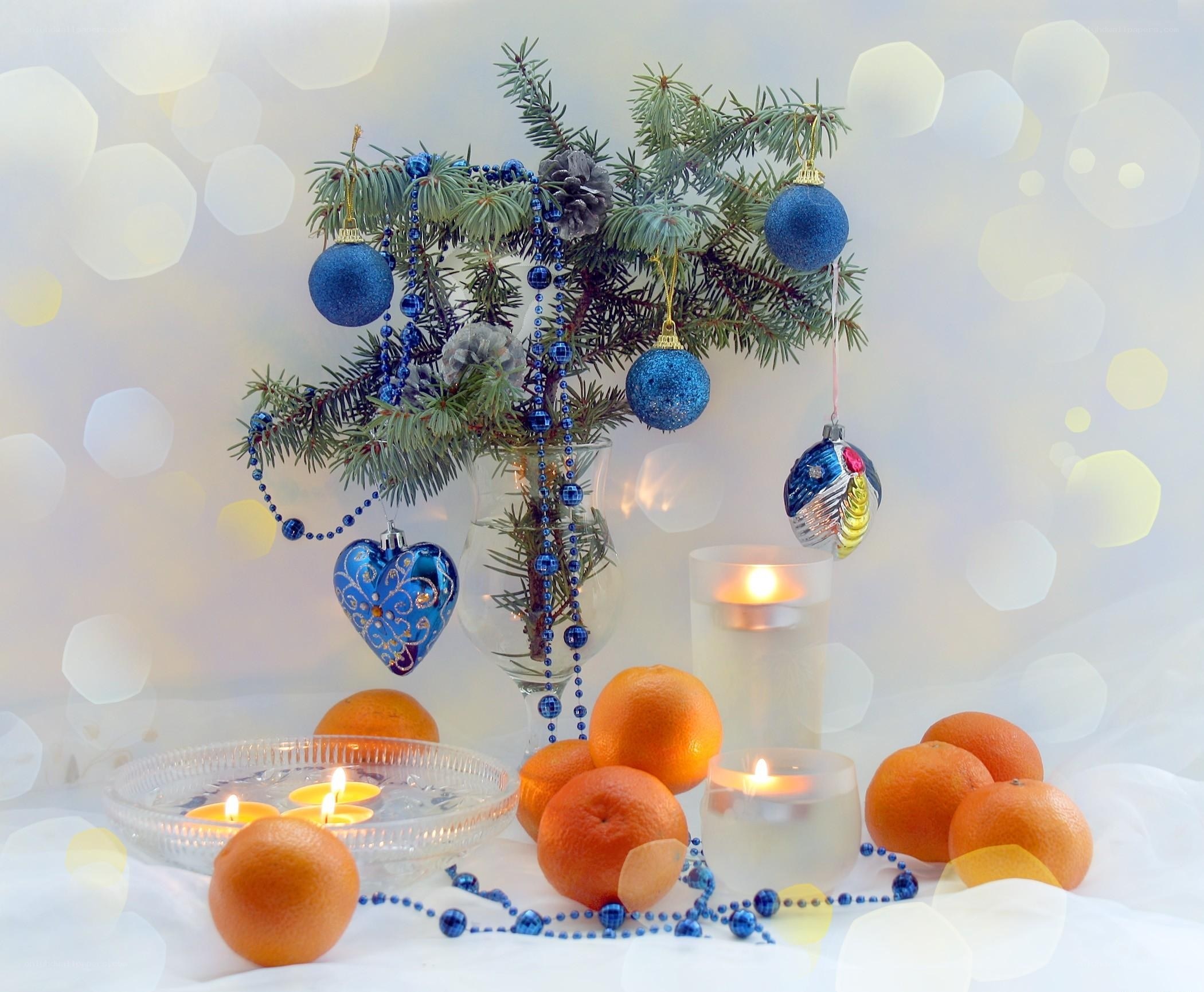 Blue Christmas ornaments and candles
