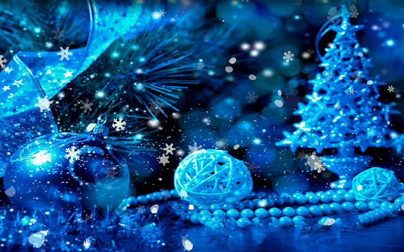 Blue Christmas Ornaments — Festive, Winter, Digital Art, Snowflakes, Christmas Tree