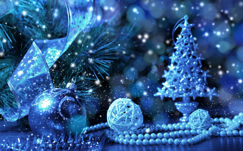 Blue Christmas Ornaments — Festive, Winter, Photograph, Tree Branches, Snowflakes