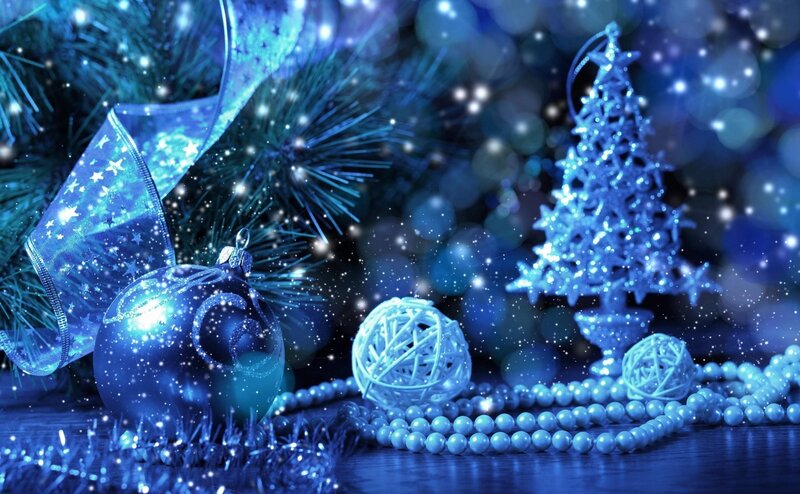 Blue Christmas Ornaments — Festive, Winter, Photograph, Tree Branches