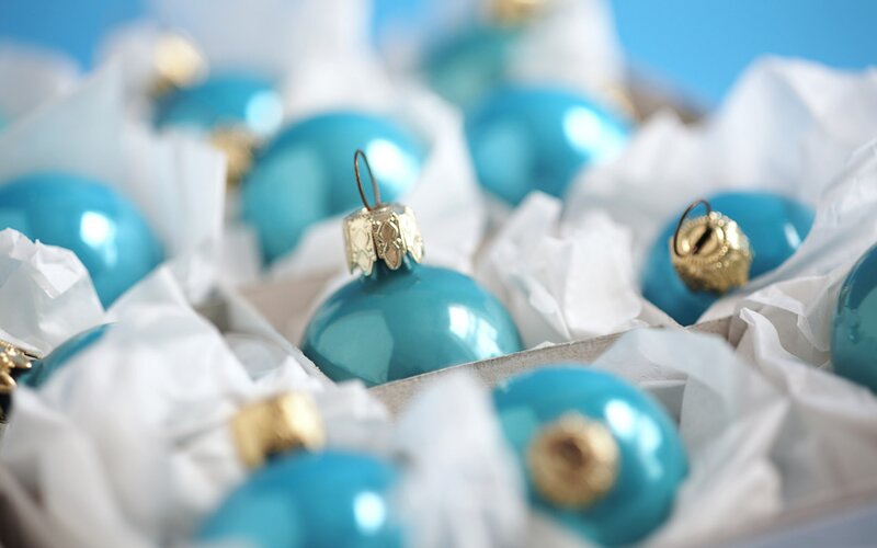 Blue Christmas ornaments in box