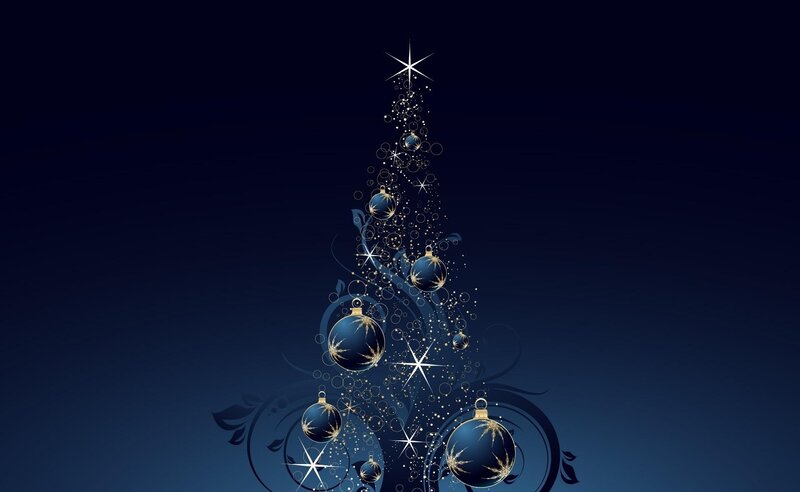 Blue Christmas Tree — Festive, Night, Digital Art, Ornaments, Stars, Floral Patterns, Gold, Black