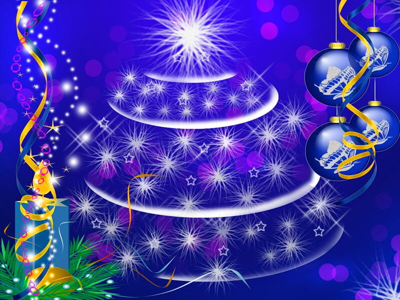 Blue Christmas Tree — Festive, Night, Digital Art, Ornaments