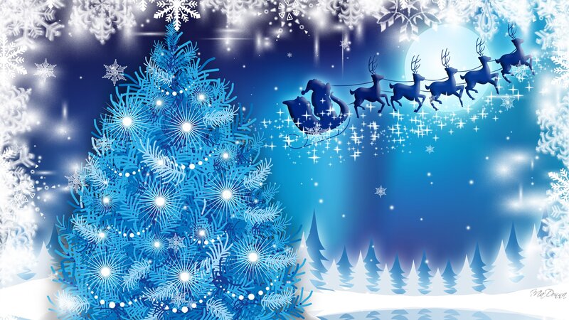 Blue Christmas Tree — Festive, Night, Digital Art, Reindeer