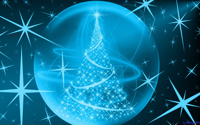 Blue Christmas Tree — Festive, Night, Digital Art, Stars