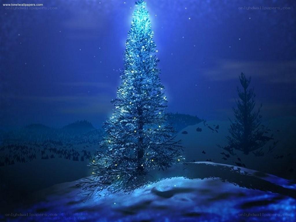 Blue Christmas tree in snow
