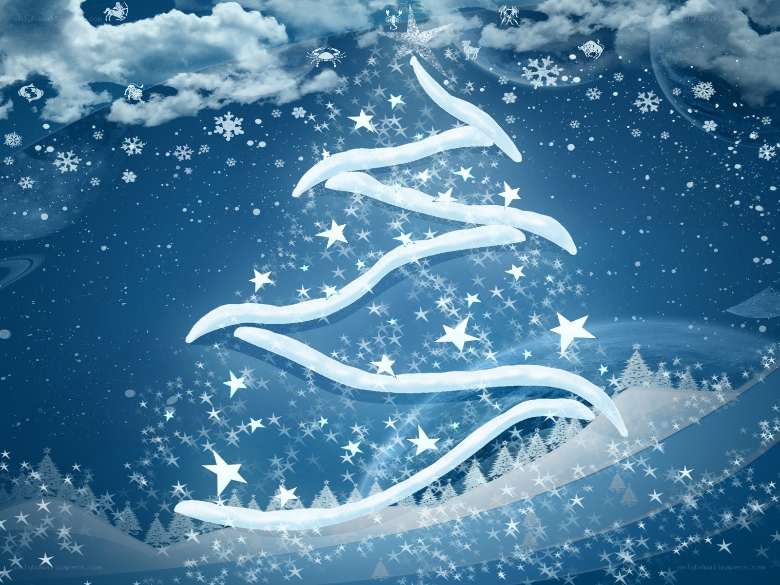Blue Christmas tree in snowy sky