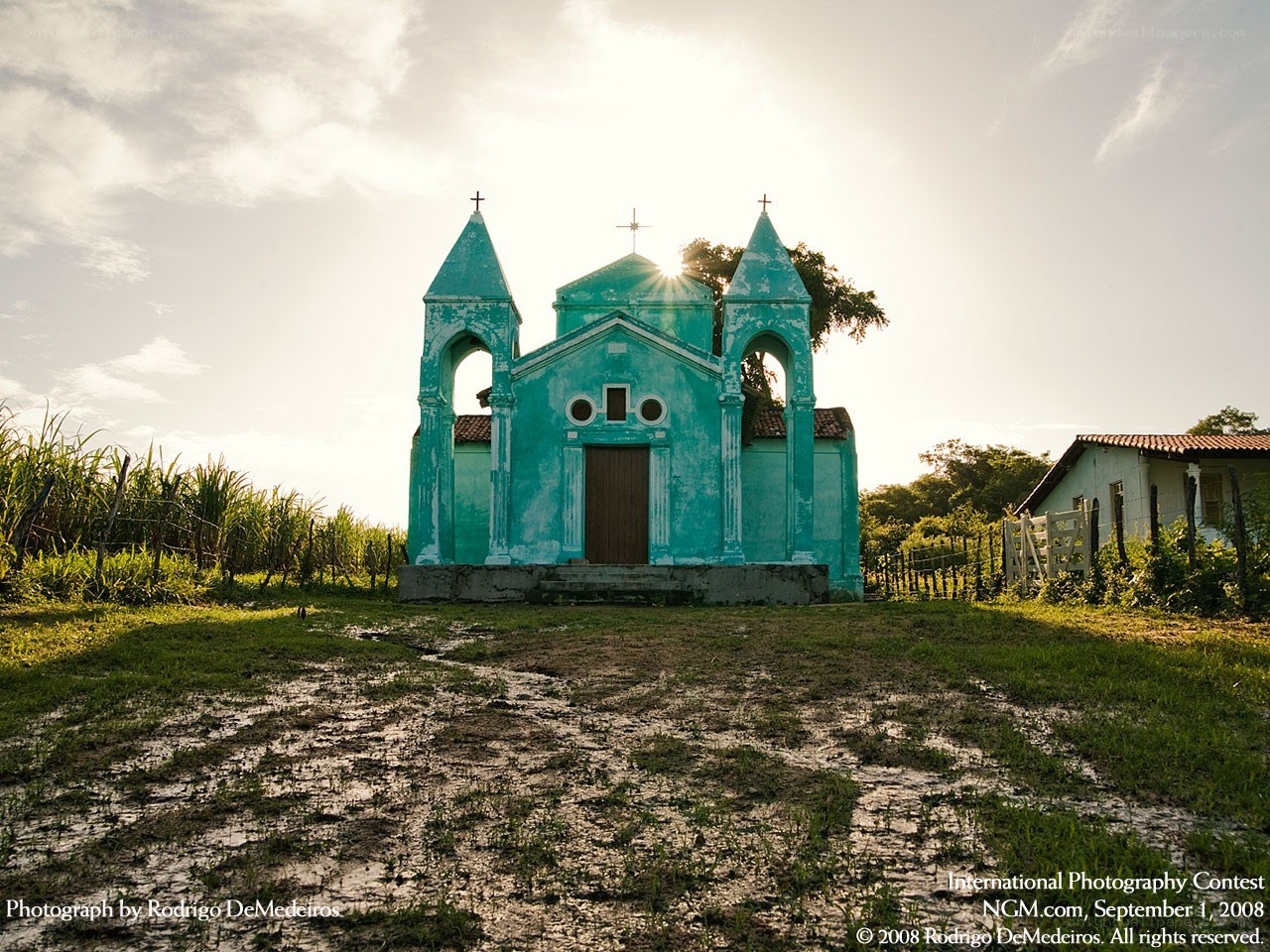 Blue church at sunset