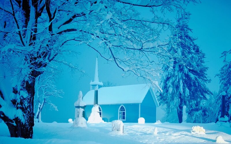 Blue Church in Snow — Serene, Winter, Photograph, Trees, Steeple