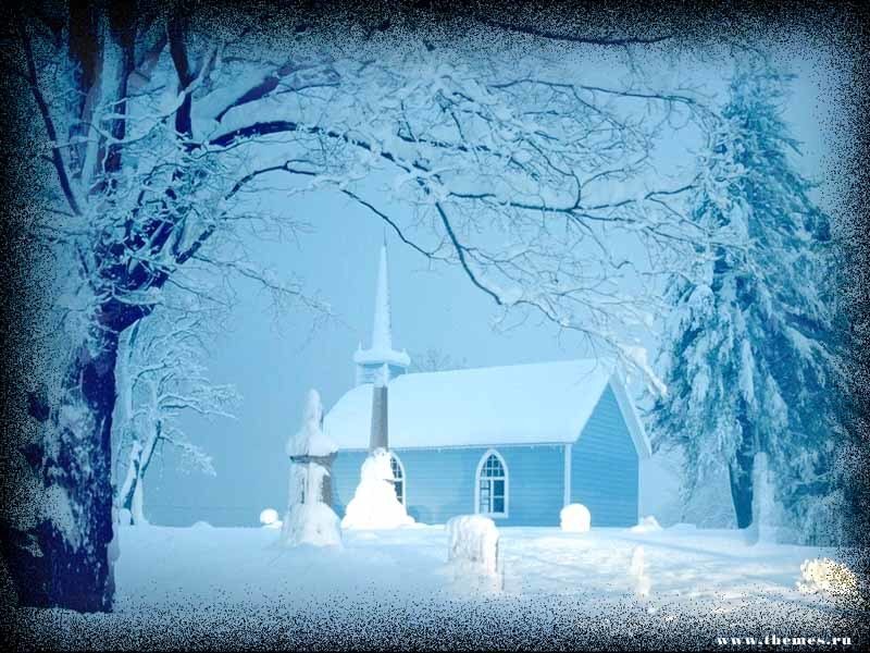 Blue Church in Snow — Serene, Winter