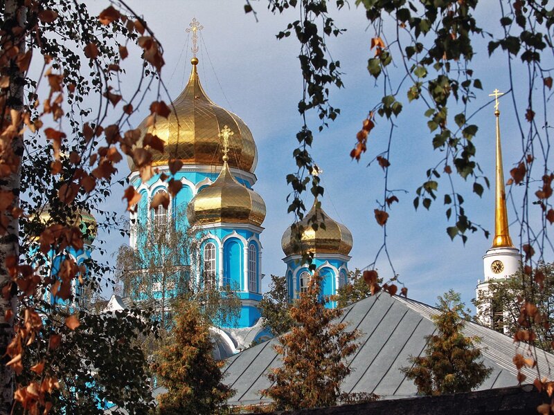 Blue church with golden domes
