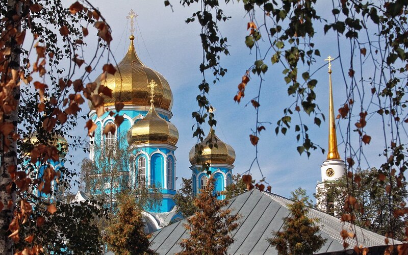Blue church with golden domes