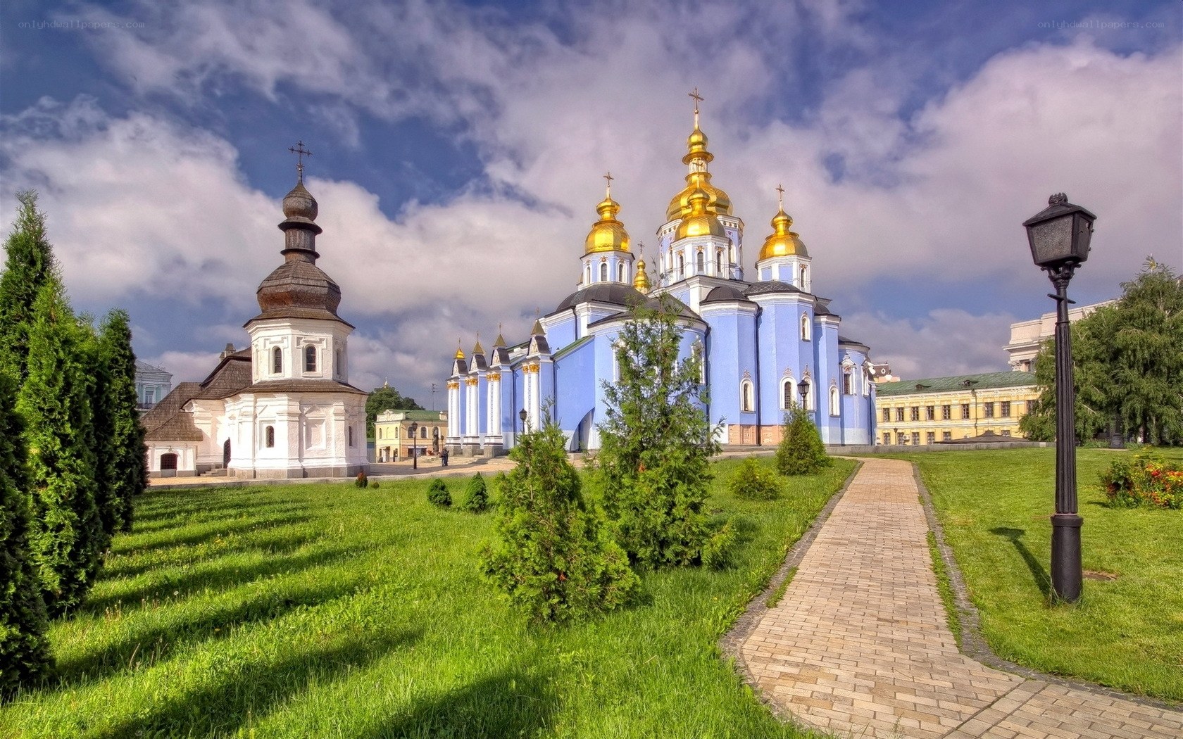Blue church with golden domes