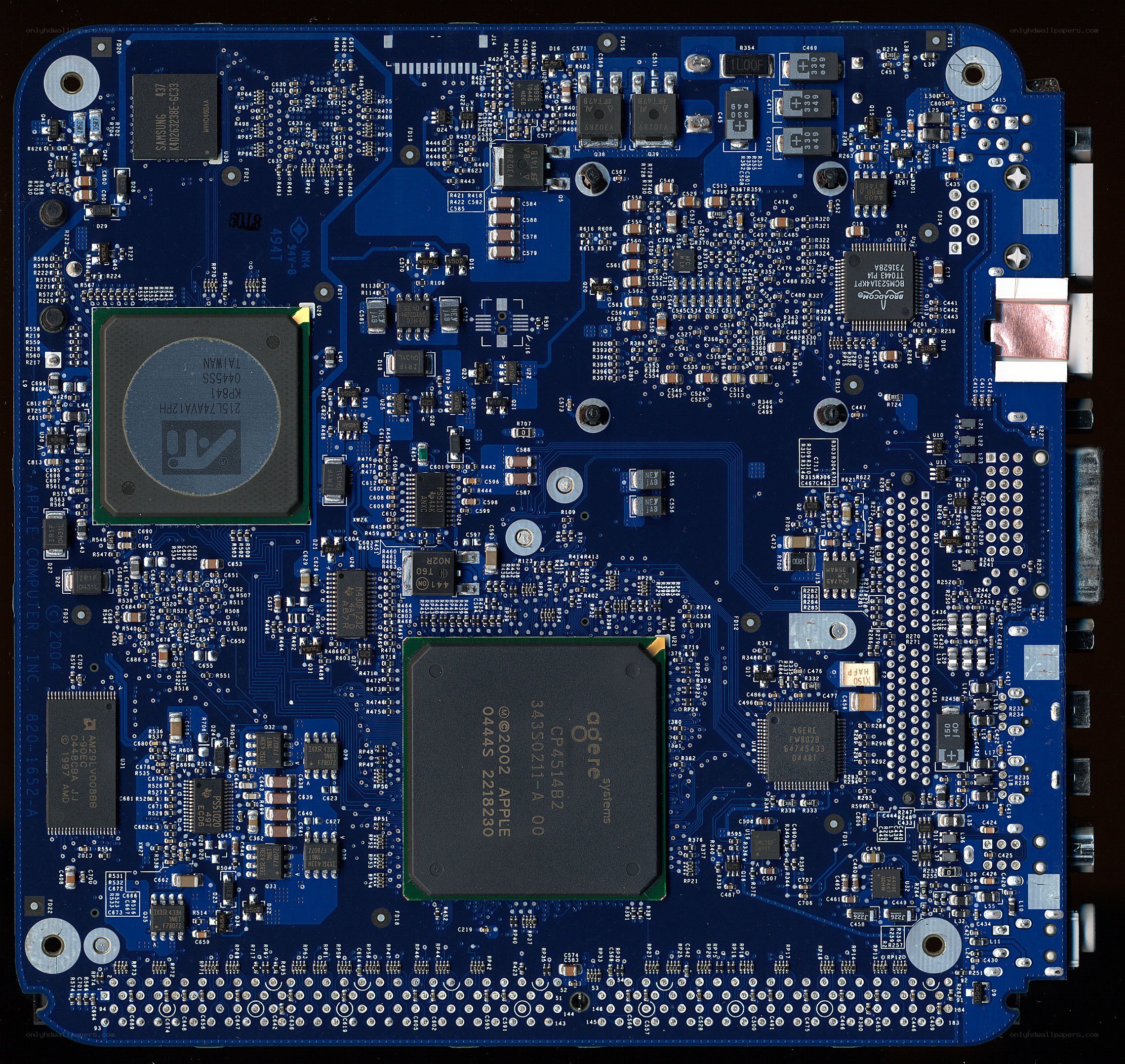 Blue circuit board with chips