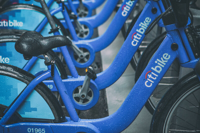 Blue Citi Bike in rain