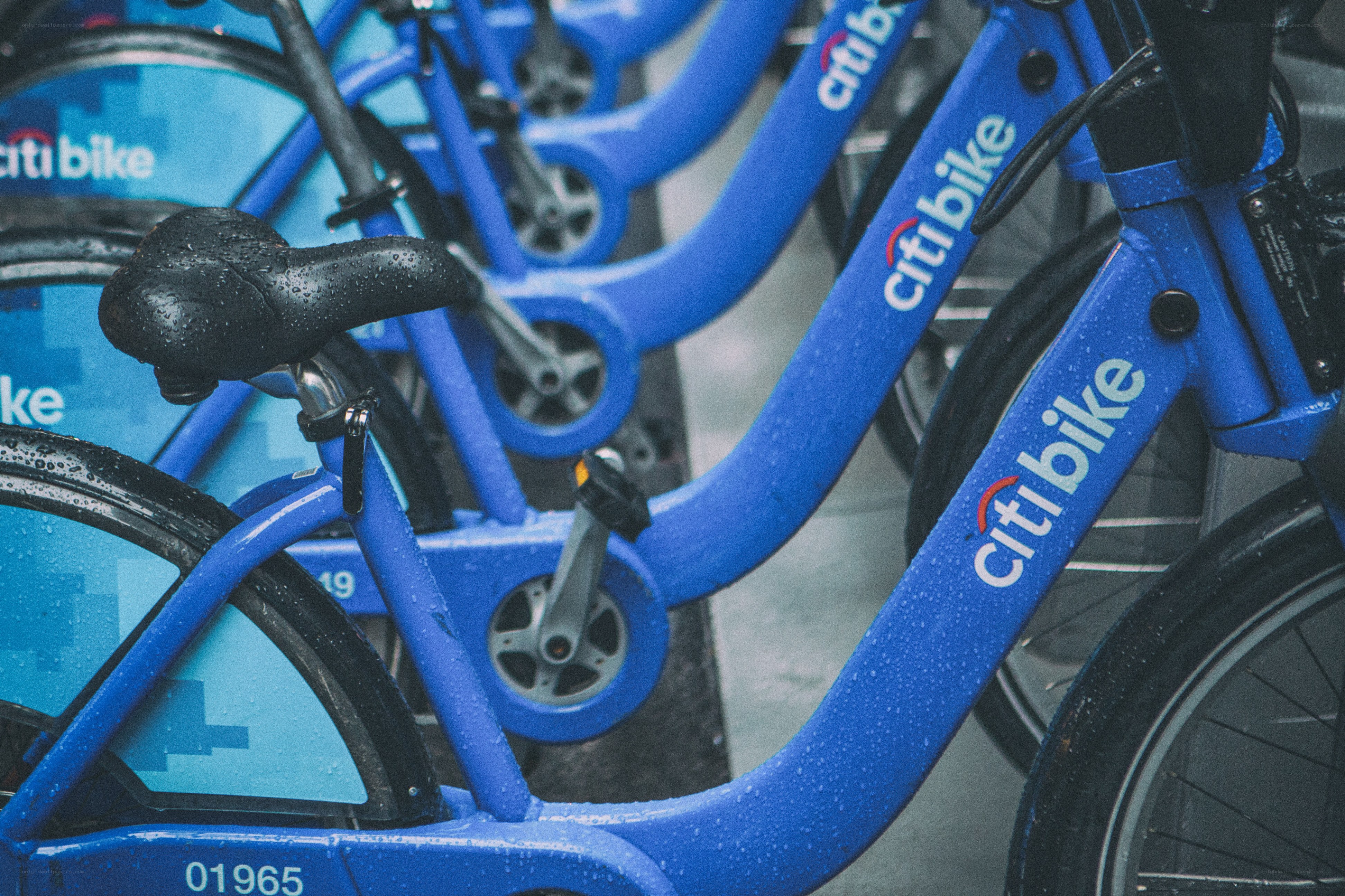 Blue Citi Bike in rain