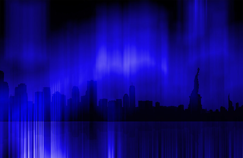 Blue city skyline at night