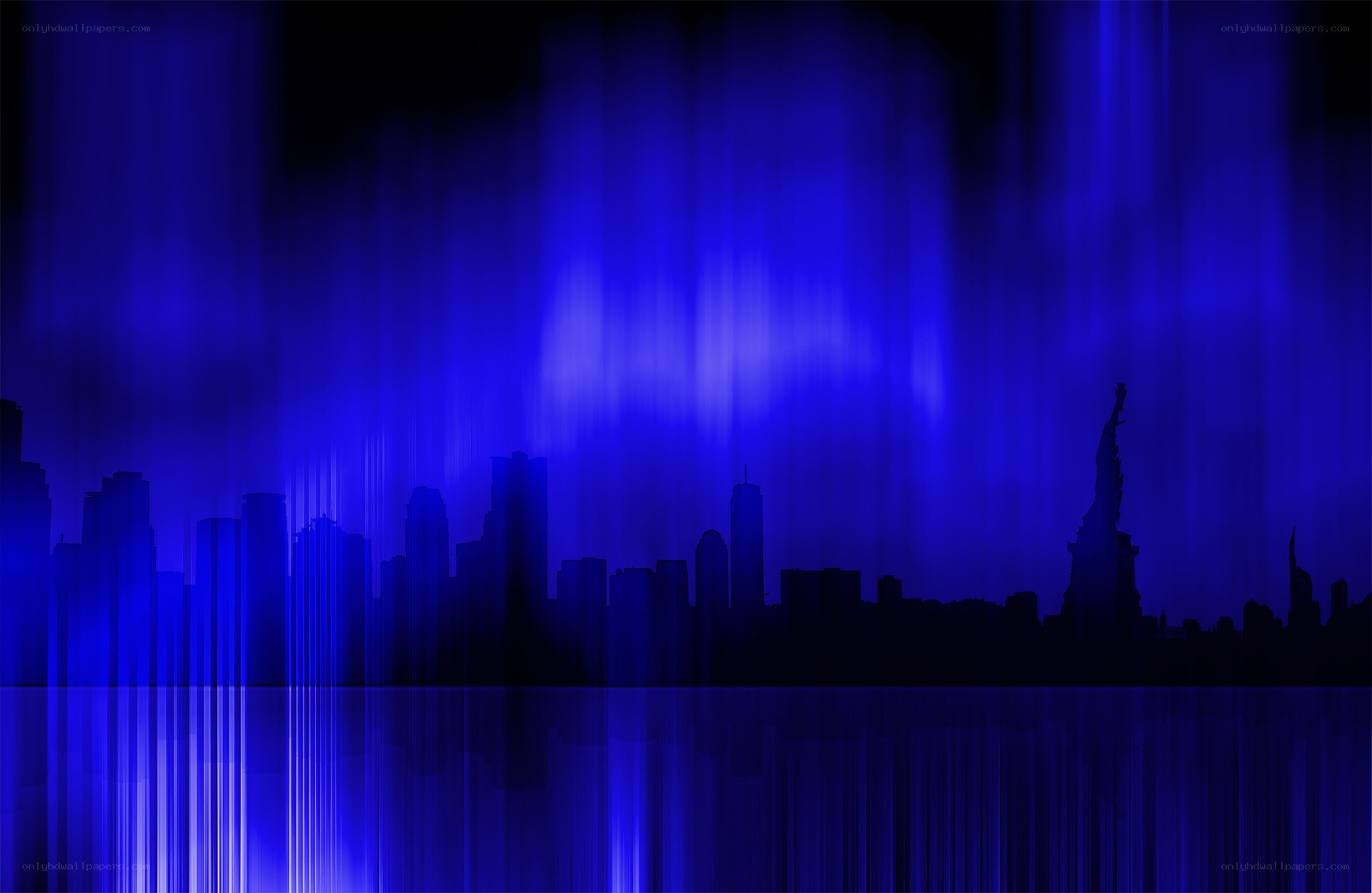 Blue city skyline at night