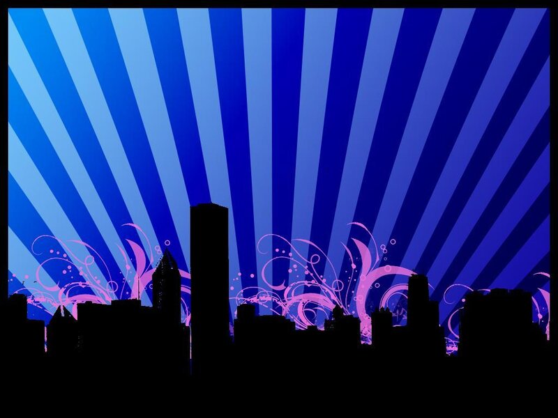 blue city skyline with purple swirls