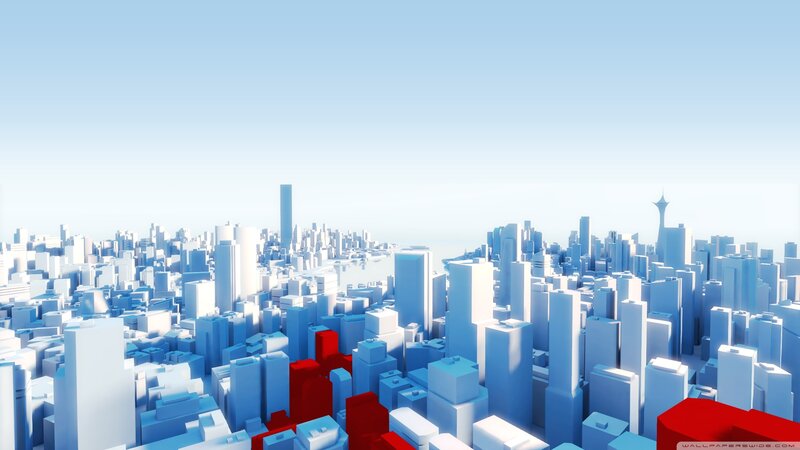 blue city skyline with red buildings
