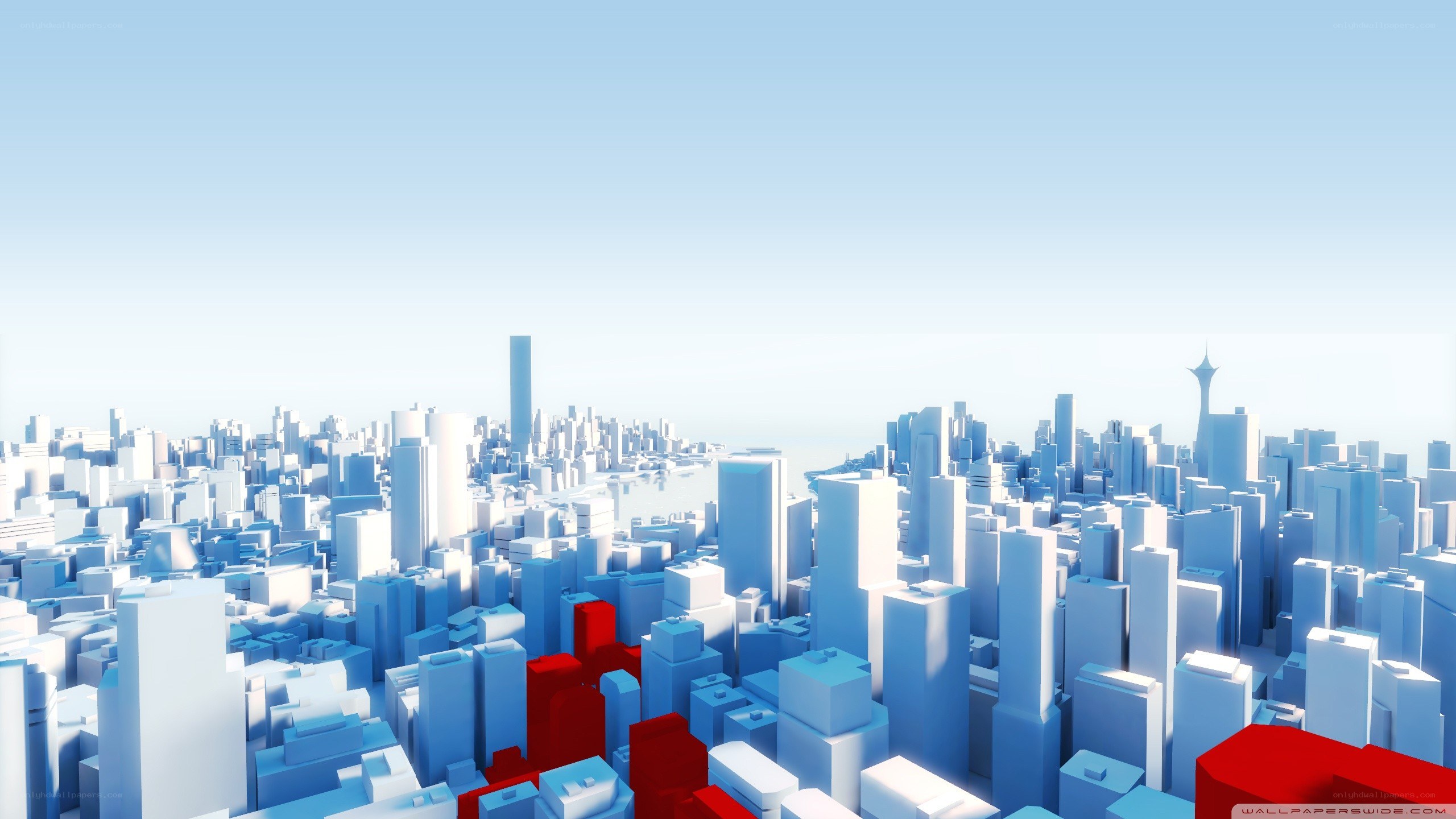 blue city skyline with red buildings