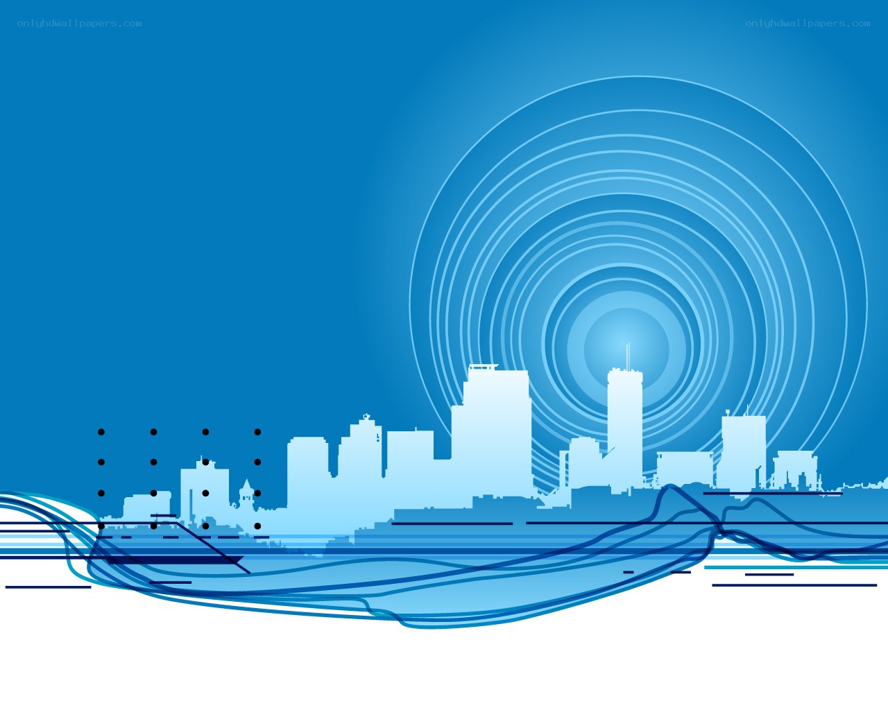 blue city skyline with waves