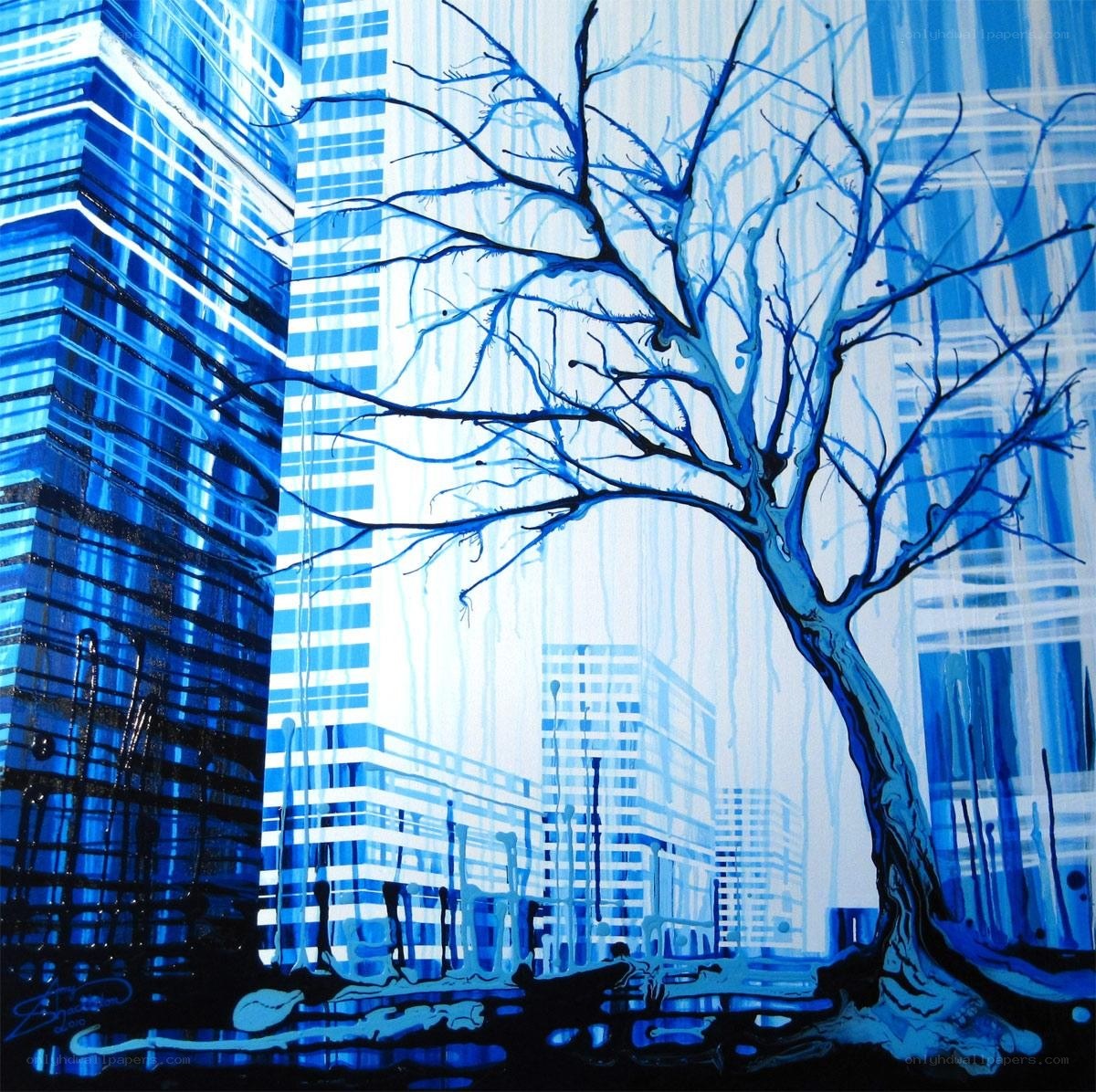 Blue city tree painting