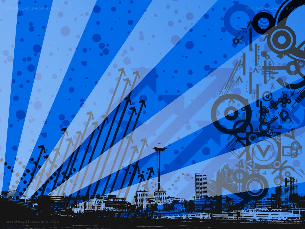 Blue cityscape with upward arrows