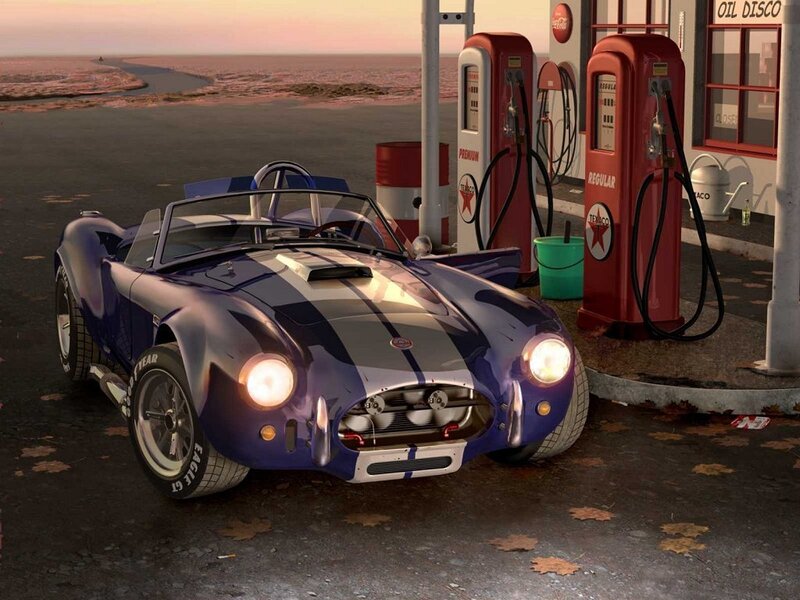 Blue classic car at gas station