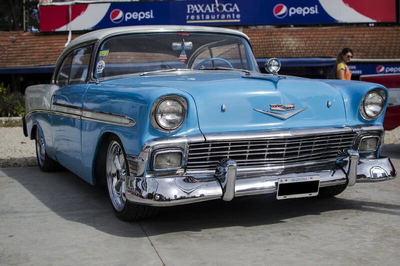Blue Classic Car — Bright, Afternoon, Photograph, Woman