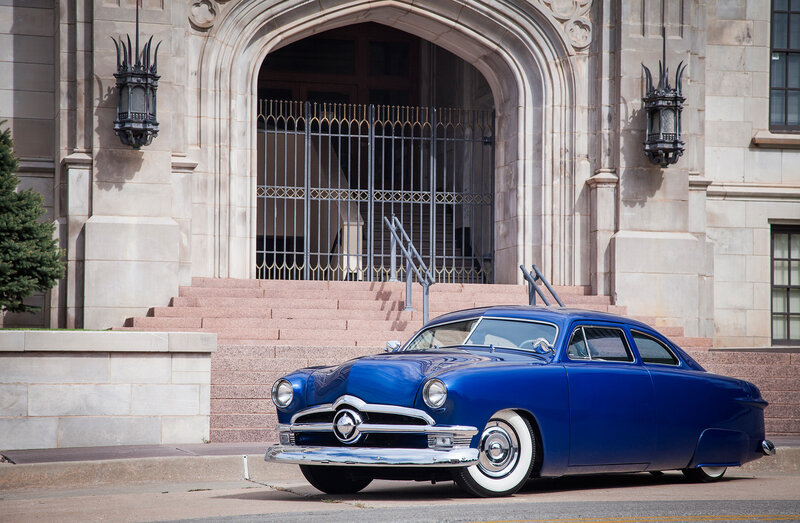 Blue Classic Car — Calm, Afternoon, Photograph, Building, Steps