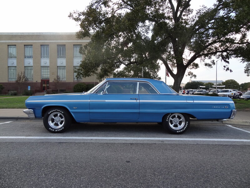 Blue Classic Car — Calm, Afternoon, Photograph, Building, Tree, Parking Lot
