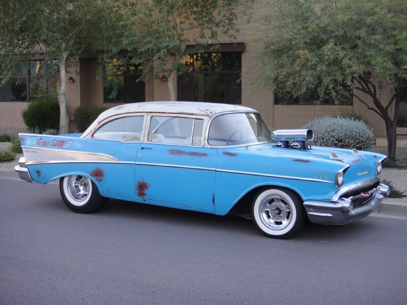 Blue Classic Car — Calm, Afternoon, Photograph, Building, Tree