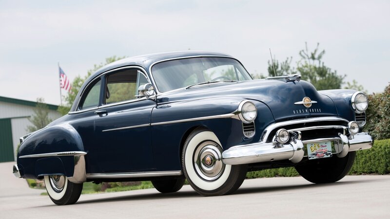 Blue Classic Car — Calm, Afternoon, Photograph, Flag