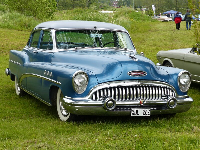Blue Classic Car — Calm, Afternoon, Photograph, Grass Field, People