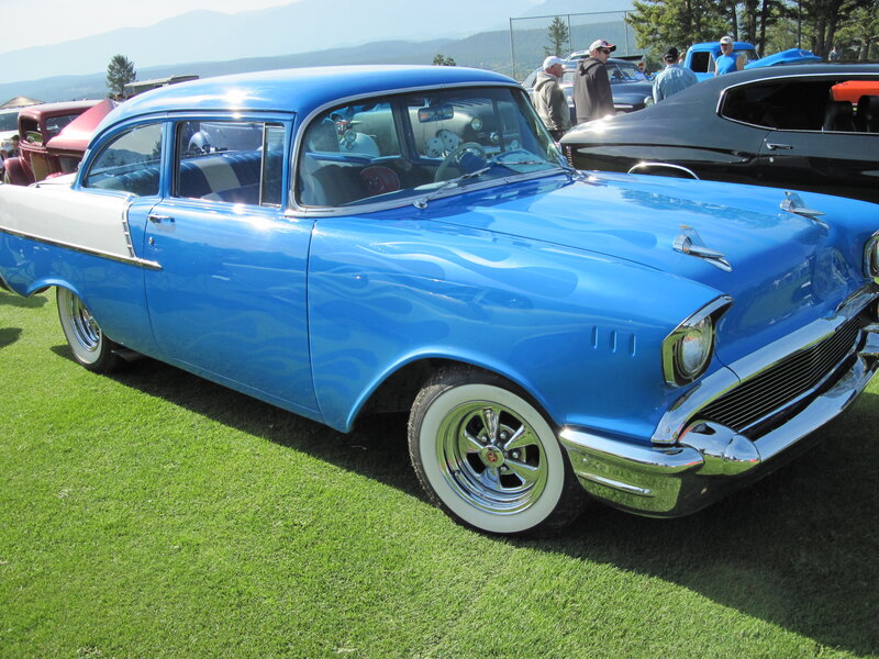 Blue Classic Car — Calm, Afternoon, Photograph, Grass, People