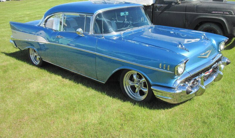 Blue Classic Car — Calm, Afternoon, Photograph, Grass, Truck