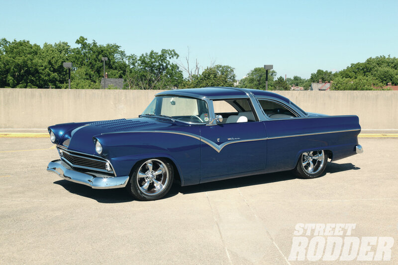 Blue Classic Car — Calm, Afternoon, Photograph, Parking Lot, Trees