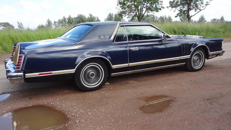 Blue Classic Car — Calm, Afternoon, Photograph, Puddle, Trees