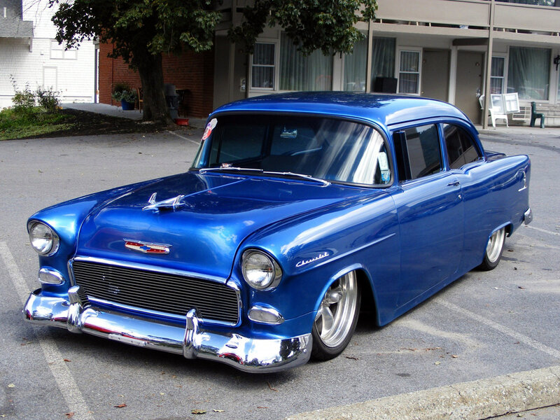 Blue Classic Car — Calm, Afternoon, Photograph, Tree, Building