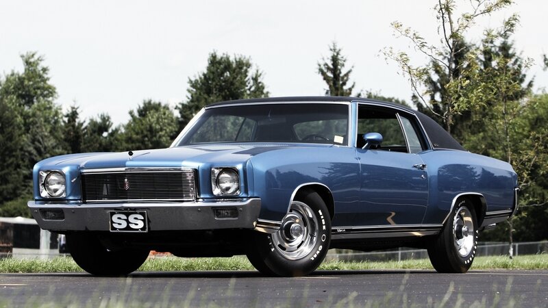 Blue Classic Car — Calm, Afternoon, Photograph, Trees, Road, Grass