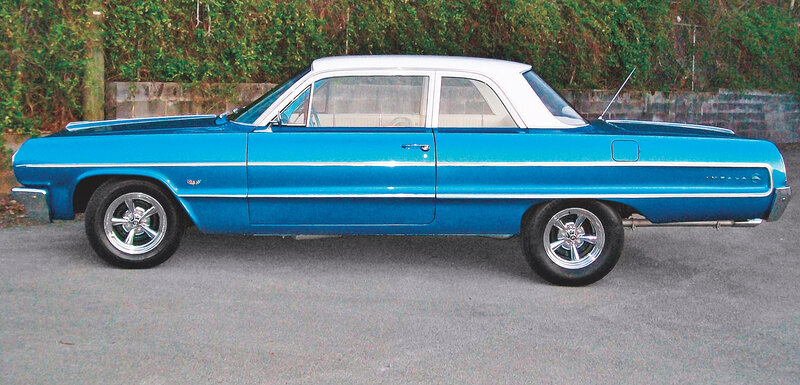Blue Classic Car — Calm, Photograph, Hedge