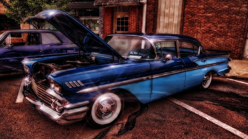 Blue Classic Car — Dramatic, Afternoon, Photograph, Brick Building