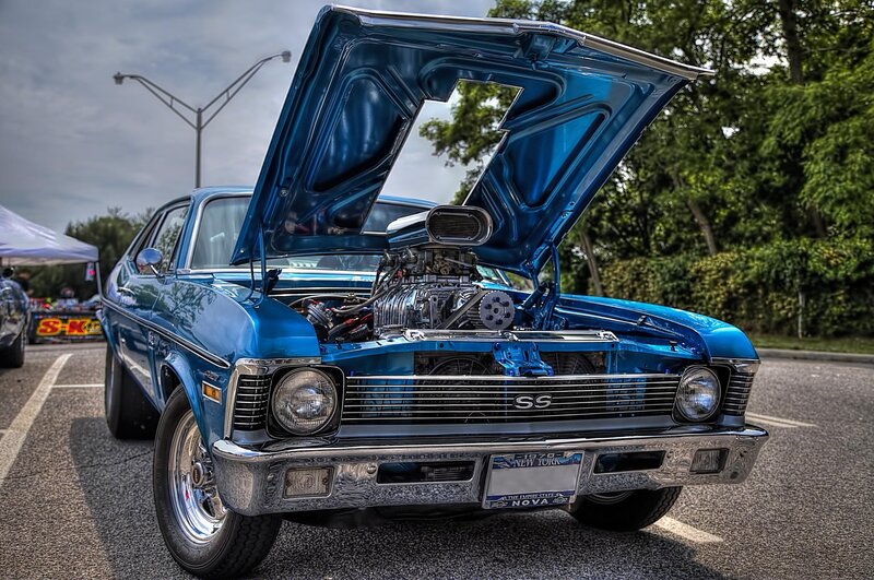Blue Classic Car — Dramatic, Afternoon, Photograph, Car Engine