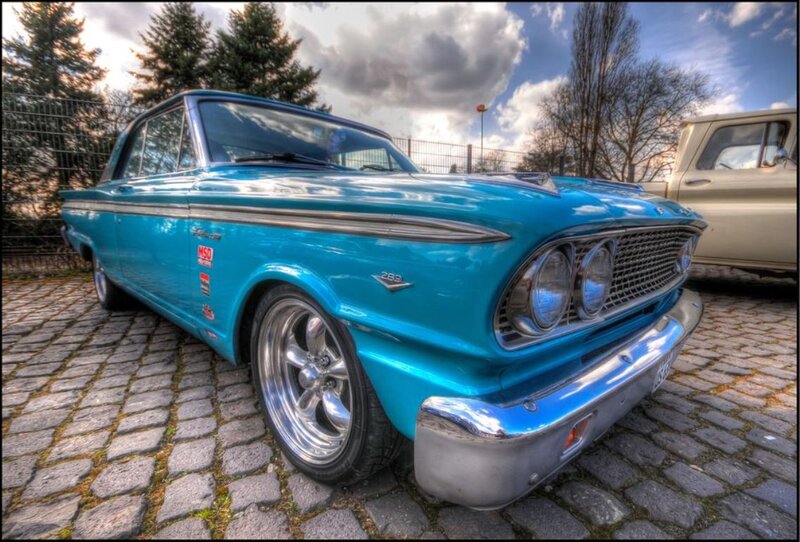 Blue Classic Car — Dramatic, Afternoon, Photograph, Cobblestone