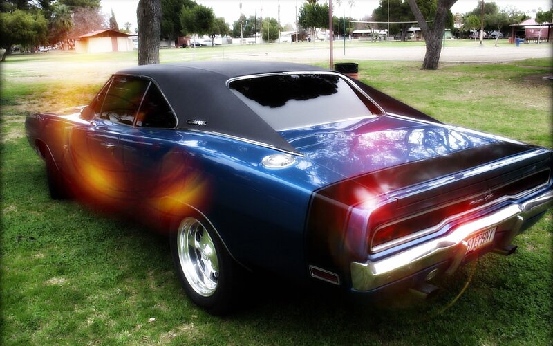 Blue Classic Car — Dramatic, Afternoon, Photograph, Grass