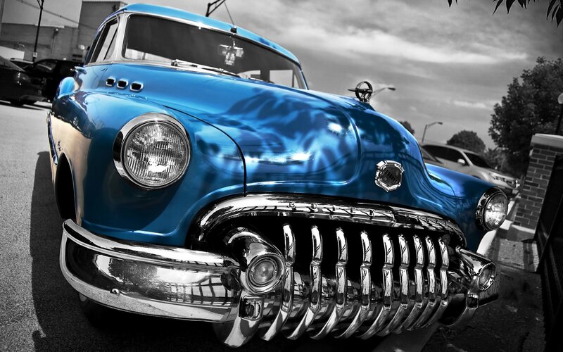Blue Classic Car — Dramatic, Afternoon, Photograph, Grille